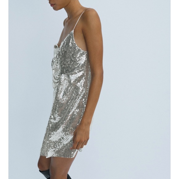 NWT ZARA Sequin Knotted Dress Silver S Blogger’s Favorite - Picture 4 of 5